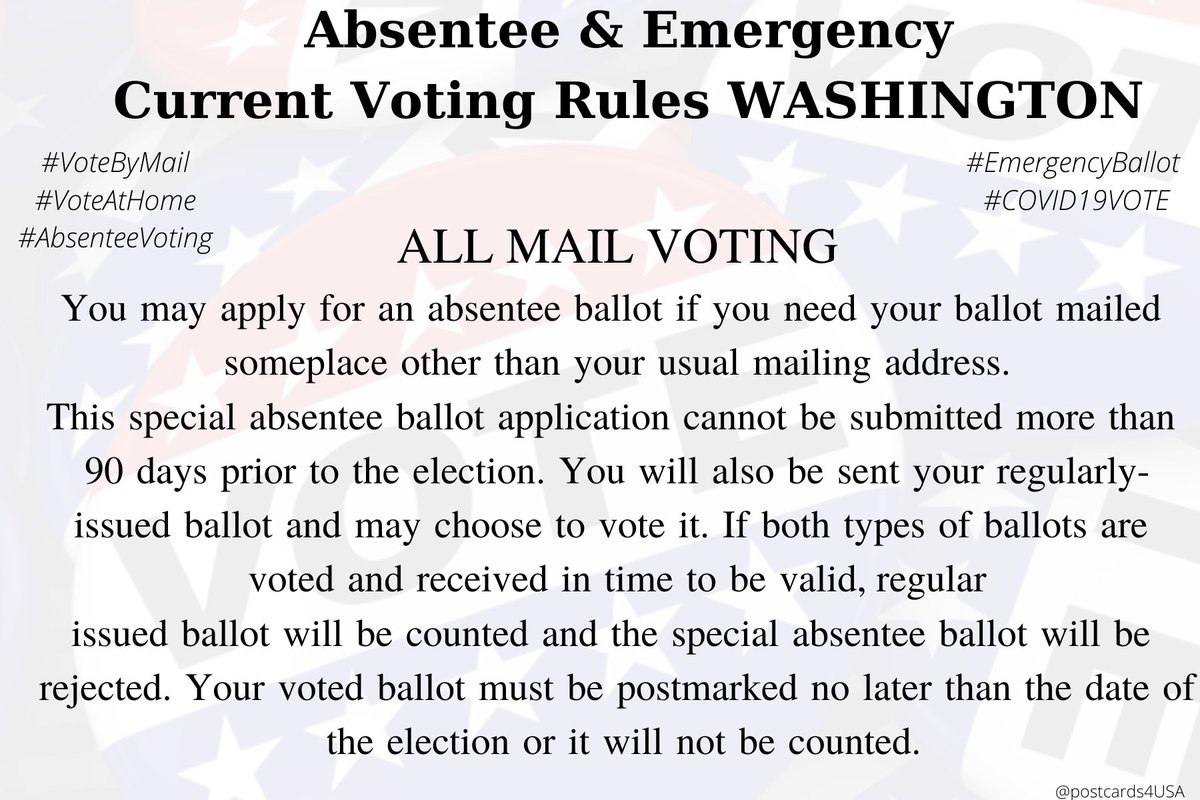 WASHINGTON  #WA  #VoteByMail #AbsenteeVoting  #DemCastWAYou can have your ballot mailed someplace other than usual mailing address. THREADInfo:  https://www.sos.wa.gov/elections/faq_vote_by_mail.aspx #PostcardsforAmerica