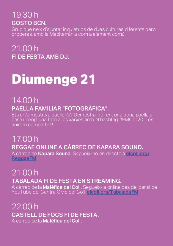 jovesdelcoll's tweet photo. Us presentem el programa de la Festa Major COLLfinada!! Estigueu atents perquè en els propers dies anirem donant més detalls d’algunes de les activitats! 
Trobareu tota la informació al web https://t.co/BIaaQ9GHaz i al nostre bot de Telegram: https://t.co/S0UF0Mu9uH! 
#FMColl20 https://t.co/yzFwUZcZwP