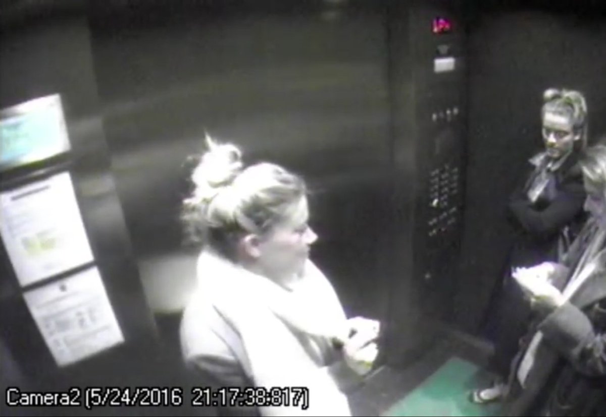 a few photos from the elevator camera after the alleged May 21, 2016 beating, we all saw her "injury" photos, her face was supposed to be swollen, with bruises... the quality isn't the best but good enough to see Amber Heard did not have injuries on her face that week