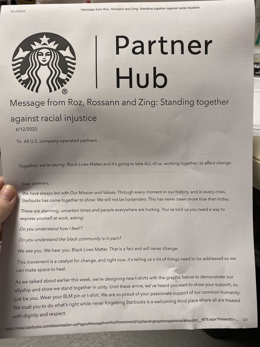 brynmarielle's tweet photo. for all of those saying that @Starbucks isn’t allowing BLM pins or talk at work - please know this is completely false! please don’t believe everything in the media 🤗 https://t.co/g82D20A8Fz