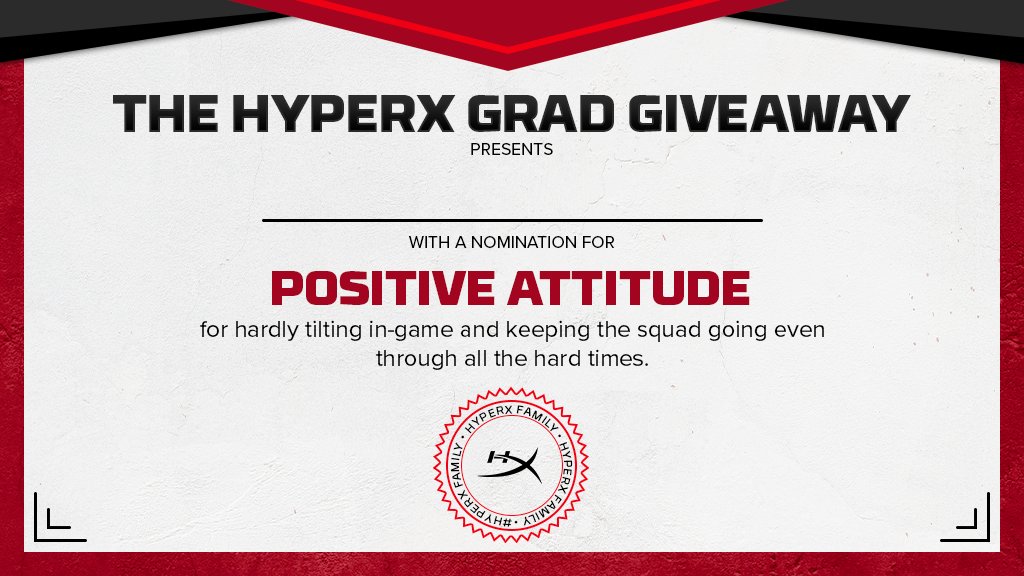 samuelmramos91's tweet photo. I nominate my friend @R_NIC1 with the "Positive attitude". Always present and enjoying the power of @HyperX
#HyperXGrad https://t.co/VndsYIQJHq