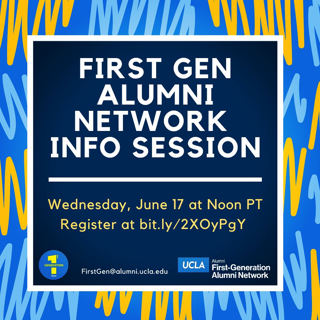 FirstGenAlumni's tweet image. Hey First-Gen grads and Alumni! 🎉Interested in learning more about the UCLA First Gen Alumni Network? Come to our informational session next Tuesday, June 17 at 12 pm. 

Link to register: bit.ly/2XOyPgY! Looking forward to connecting with you all 🐻💙🌼
#firstgenbruins
