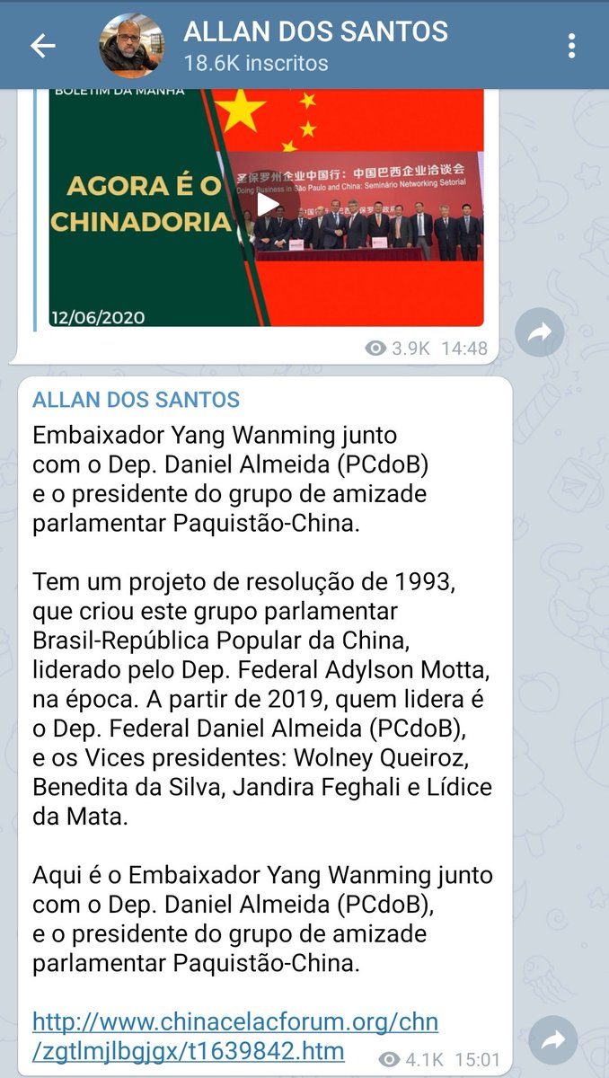15) Mais uma vez o Jornalista  @allantercalivre vem denunciando essa ligação entre políticos da esquerda com o PCCh como seu último post no canal do Telegram. http://www.chinacelacforum.org/chn/zgtlmjlbgjgx/t1639842.htm