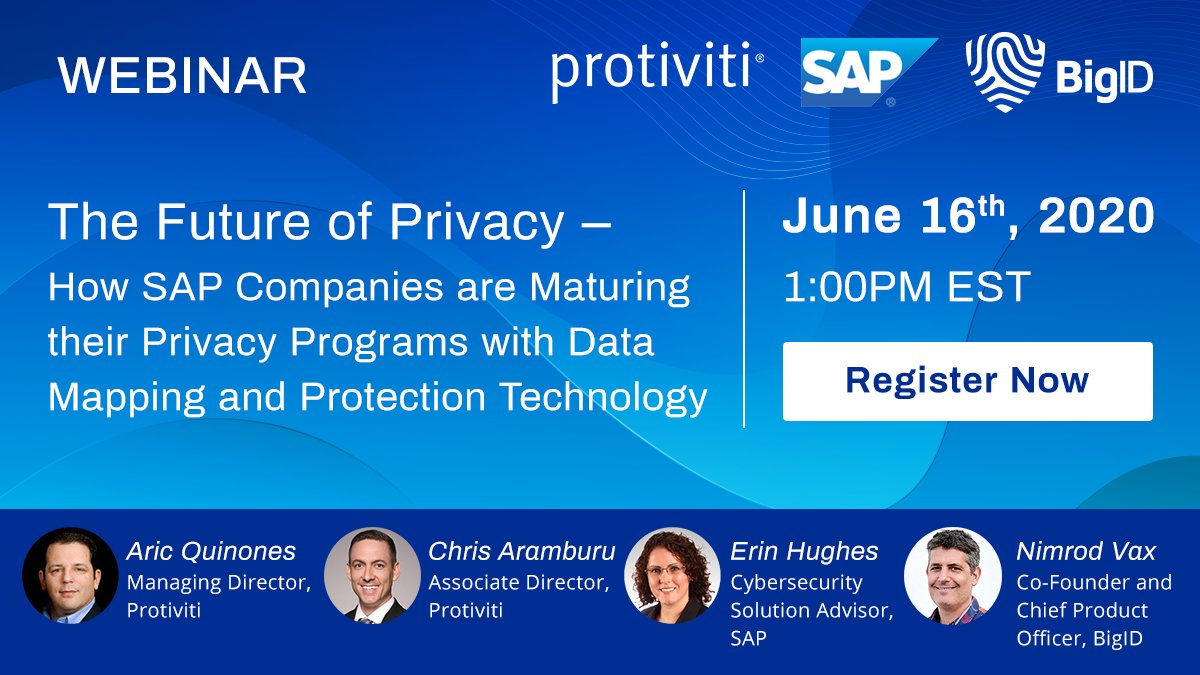 Protiviti's tweet photo. Protiviti’s Aric Quinones, Chris Aramburu join presenters from @SAP and @bigidsecure to explain challenges & key considerations when developing your privacy and protection road map. Webinar 6/16. Register https://t.co/QgSbqdh7MX #SAP #AI #ML #PrivacyPrograms #DataMapping BigID https://t.co/DCddjME6f4