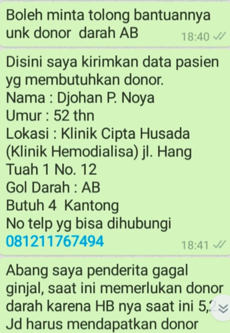 Teman2, tolong bantuannya.. Abang saya HB nya 5,2 penderita gagal ginjal dan sedang butuh skali donor darah AB. Mohon bantuannya utk menyebarkan infonya 🙏🏽 thx. <a href="/Blood4LifeID/">BFL INDONESIA</a>