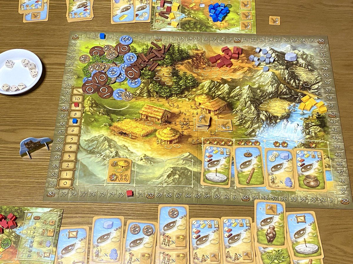 Takahashi ストーンエイジ 石器時代の生活がテーマのワーカープレイスメント 4種のリソースや食料をダイス目に応じて獲得 毎ラウンドの食料 ワーカー 武器の確保をしつつ 文明カードとタイルから得点 毎ラウンドワーカーに食事をさせる必要がある