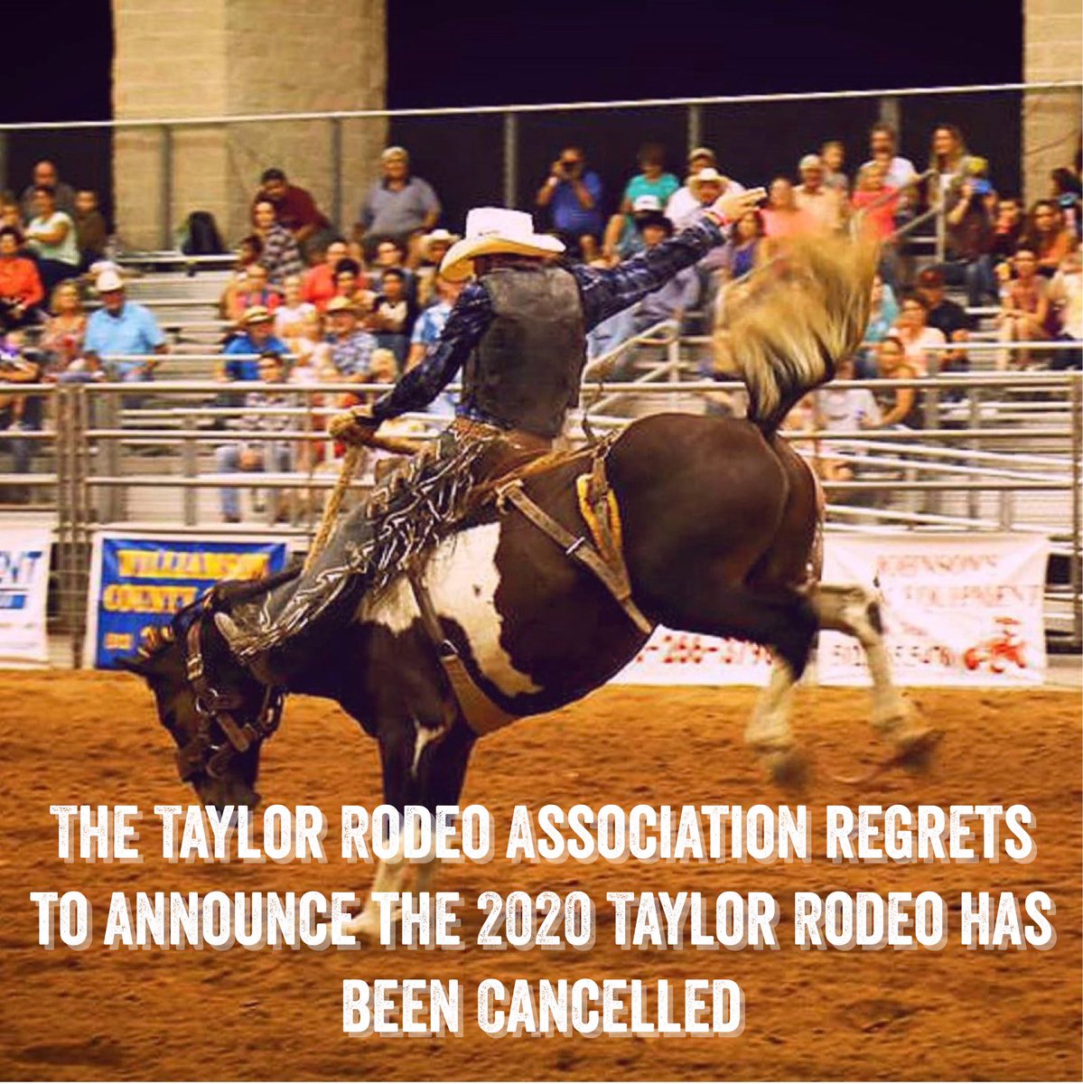 AcesMediaAustin's tweet photo. The Taylor Rodeo Association announces the 2020 Taylor Rodeo scheduled for July 17-18, 2020 has been cancelled. “It is with deep regret that we have decided to cancel the 2020 Taylor Rodeo”, said John Carter. For additional info call  John at 512 497–1500 https://t.co/a4lRxum5Mh https://t.co/cZ1tf50f1G
