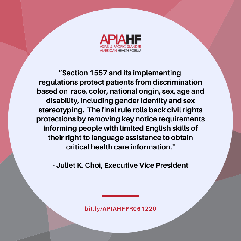 APIAHF's tweet photo. NEW: The Trump administration is rolling back civil rights protections under the 1557 rule. Discrimination has no place in healthcare or anywhere at all. The fight for better & more equitable care is not over. #LanguageAccessNow #ProtectOurCare Read more: https://t.co/9NrsPkieFE https://t.co/mN5iKwGWHn