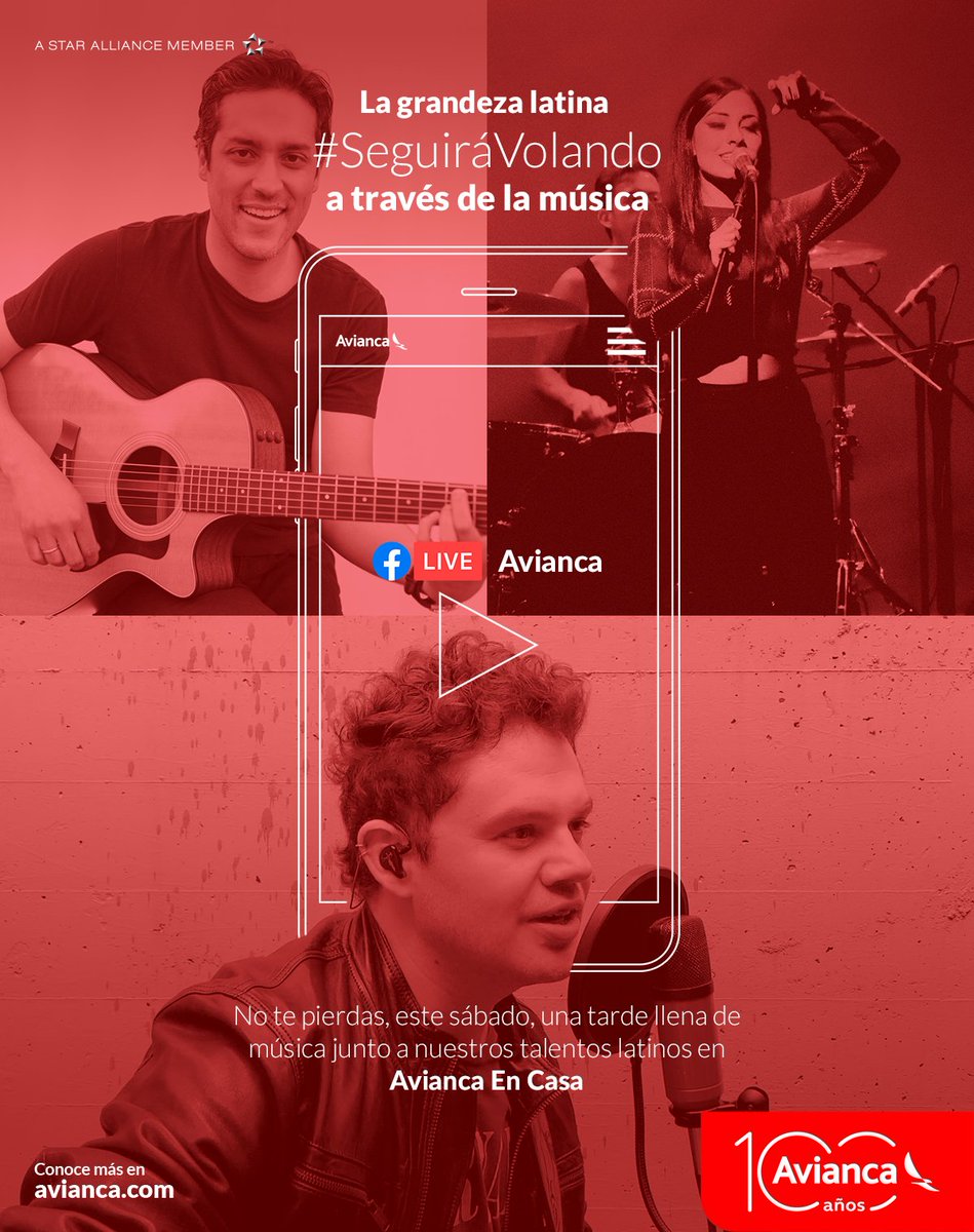 avianca's tweet photo. Recuerda que este sábado gozaremos con @DanielBauteP, @laramonamusic y @Sergiojimeneza, junto a @Humbertoelgato, a las 6:00 p.m en https://t.co/UANZ1R30Ls 👉 https://t.co/TJTVi4BW1i o en Facebook Live. Descubre el talento latino en Avianca En Casa. Tu pasión #SeguiráVolando. https://t.co/qUeY6xH0DI