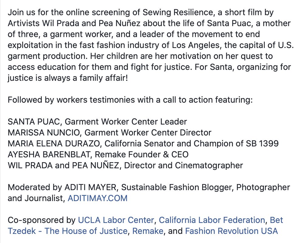 GarmentWorkerLA's tweet photo. Join us for  "SEWING RESILIENCE"
Online Film Screening and Call to Action for the Garment Worker Protection Act
Tuesday, June 16, 2020, 5:30 pm - 7 pm

Register to receive zoom link the day before the event: https://t.co/1FKfTETkUJ {casesensitive} #SB1399 https://t.co/TOKw8YiPm7