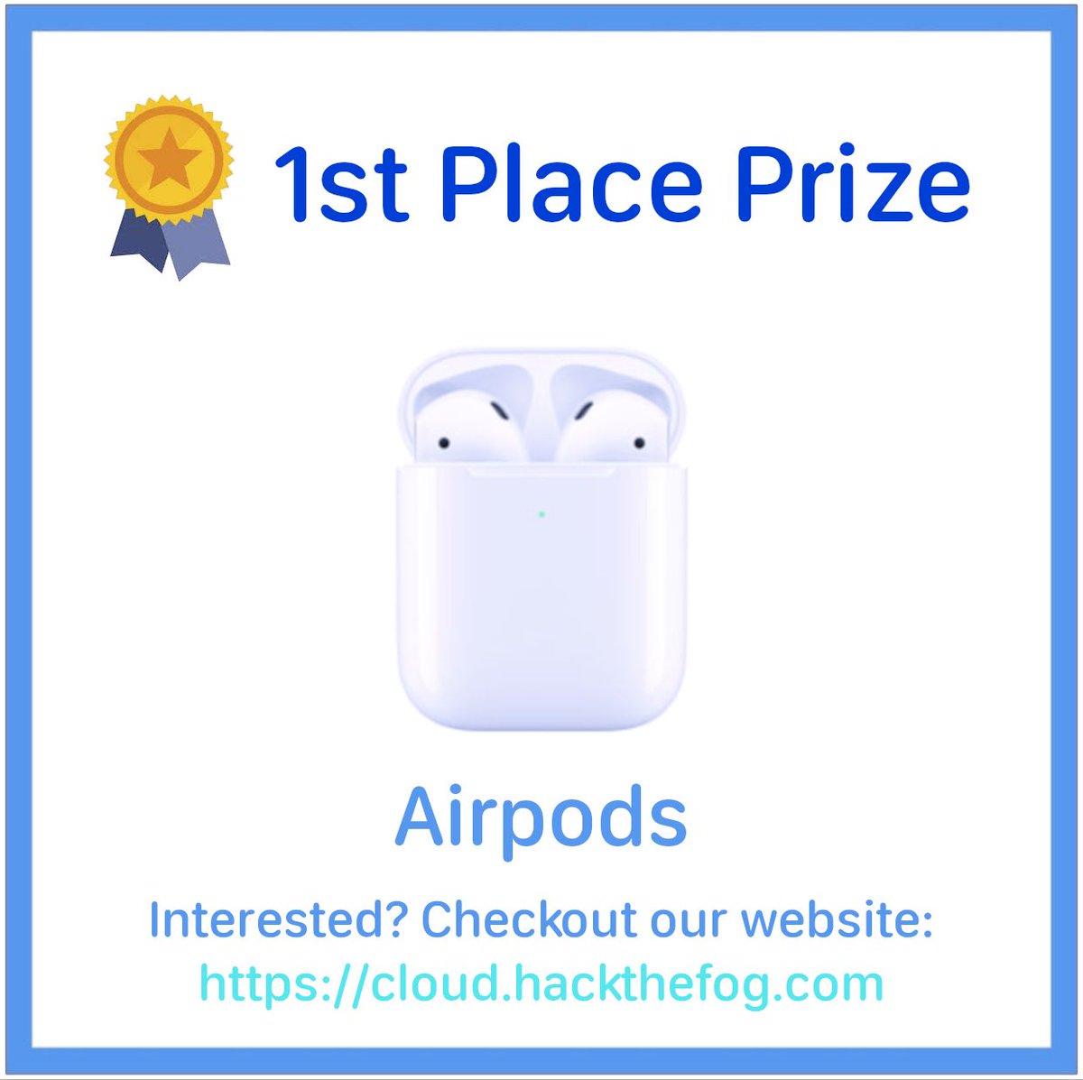 hackthefog's tweet photo. Our first-place prize is 2nd Generation Airpods for each member of a team, a maximum of 4 people on a team. Check us out at https://t.co/bl77NHZ4TW to learn more or register!
#hackthecloud #hackthefog #hackathon #prize #airpods #virtual https://t.co/zp8GLqbDaJ