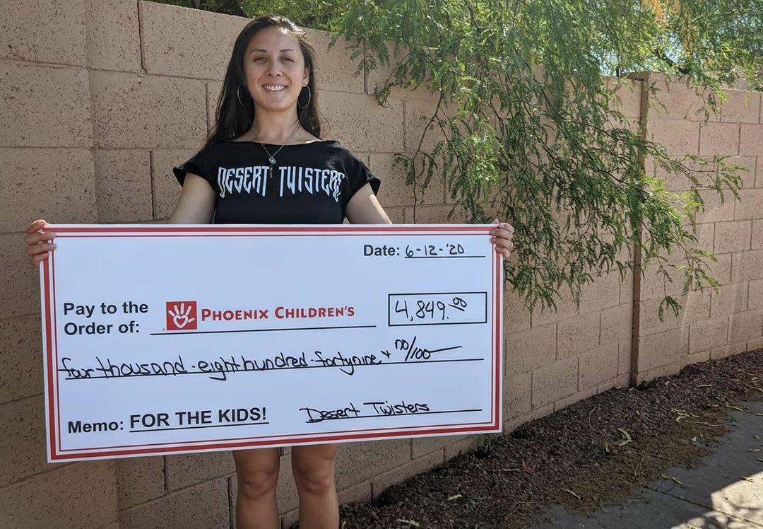 DesertTwisters's tweet photo. Thanks to the incredible generosity of the #OldSchoolMTG community, the @DesertTwisters just delivered this giant check (literally 😉) to the @PhxChildrens hospital! Our Spring Charity Auction was a huge success, and we'd like to thank everyone that supported the event. https://t.co/kgcf36dHlv