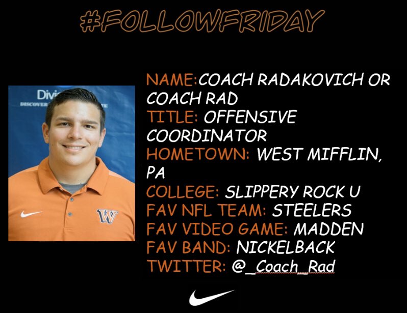Waynesburg_FTBL's tweet photo. Entering his 4๏ธโฃth season at WU ๐ ๐ and 2๏ธโฃnd as Offensive Coordinator... make sure to give @_Coach_Rad a follow for #FollowFriday and learn more about Coach Rad below โฌ๏ธ
#SWARM https://t.co/iNeeDn0lwp