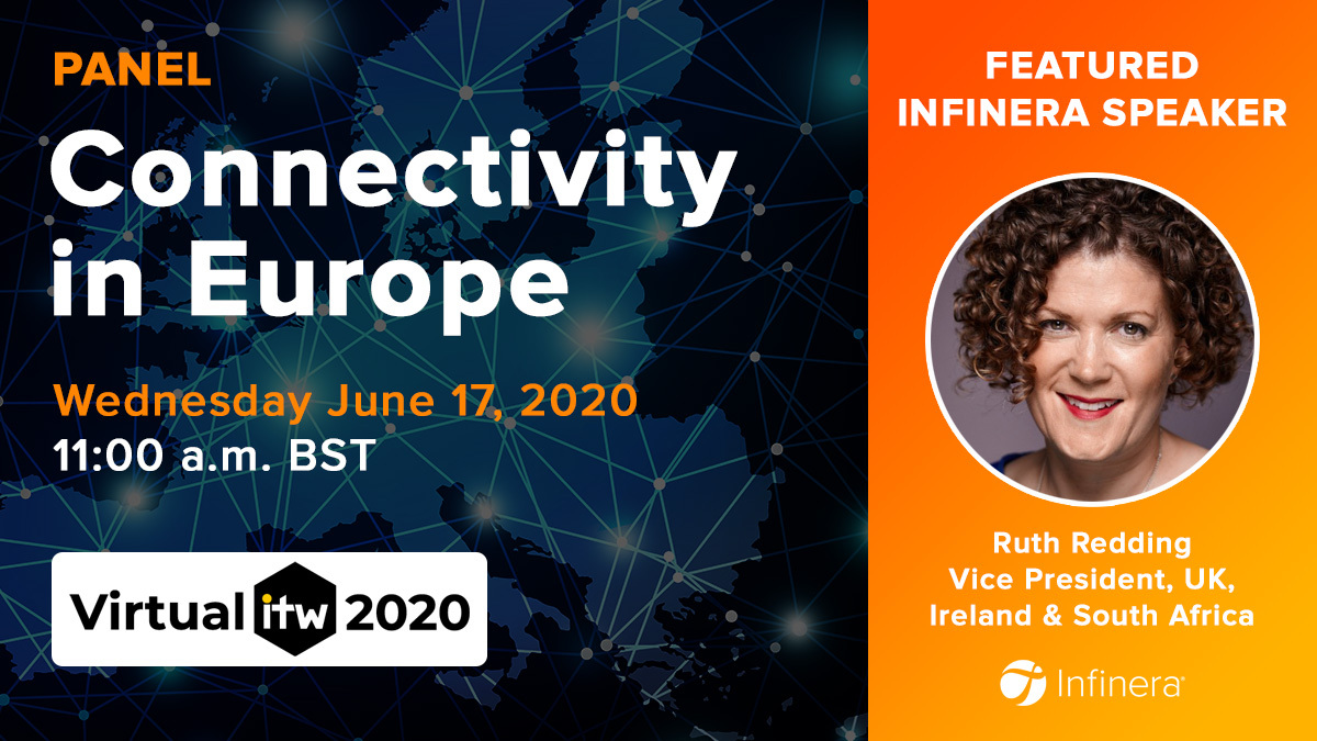Infinera's tweet image. #ITW2020 has moved online, and on Wednesday, June 17, Infinera’s @ruthredding will share her insights on the Connectivity in Europe virtual panel. Conference sessions-only registration is free – don’t miss it! bit.ly/2XTIxhY #KeepingTheWorldConnected @ITW_Telecoms