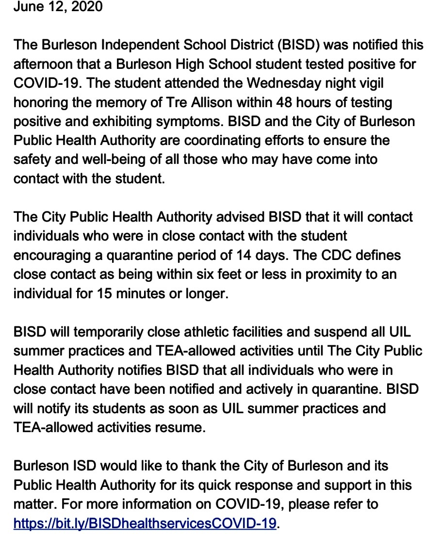 BISD was notified that a BHS student who attended the vigil for Tre Allison tested positive for COVID-19. BISD &amp; the Public Health Authority are coordinating efforts to ensure the safety of those who may have had close contact with the student. See image for complete update.