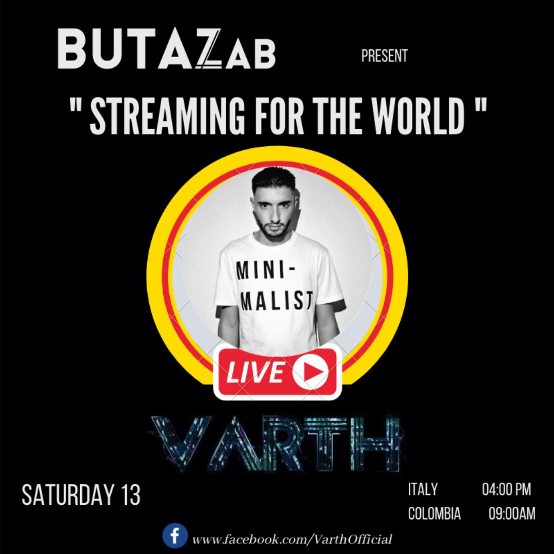 Butaz Lab present “STREAMING FOR THE WORLD” with <a href="/varthofc/">Varth Official</a> 🇮🇹
search and listen on air from the pages of FACEBOOK | SATURDAY 13 | ITALY 04:00 PM - COLOMBIA 09:00 AM |
#butazlab #varth #streaming #live #onair #video #music #techno #minimal #house #trending #slaughtahouzeradio