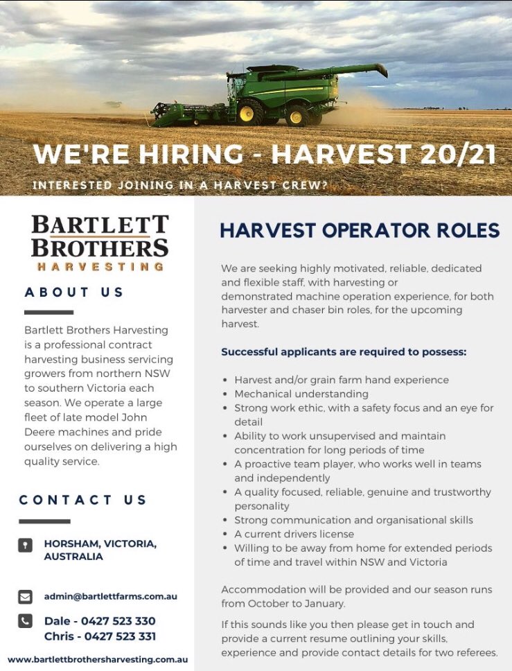 We are looking for staff for the upcoming harvest. Please Retweet