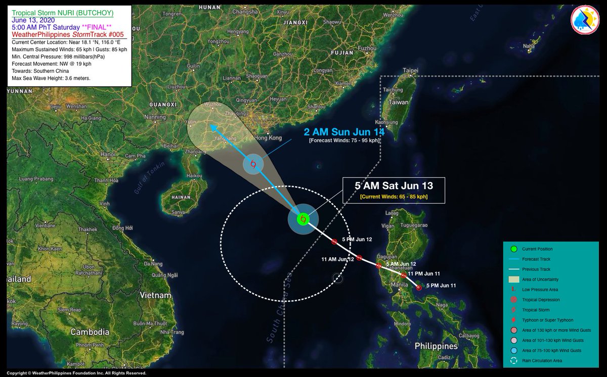 WeatherPH's tweet photo. #ButchoyPH exits PAR…now a Tropical Storm (TS) with international name “NURI” (meaning: Malaysian Parrot)…will make landfall over Southern China tomorrow.
*This is the Final Update on this cyclone.
For more info, please visit: https://t.co/cyWNB6OWzH
Stay safe as always! #Nuri https://t.co/p5kaNmQ5rL