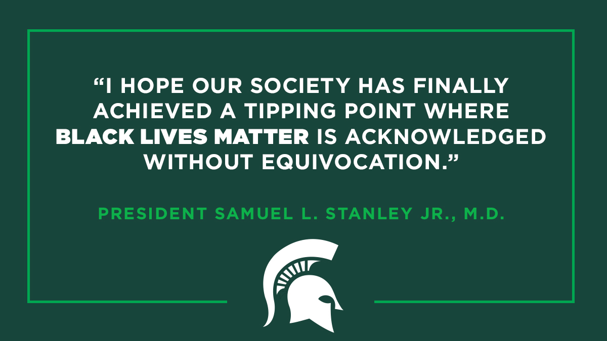 michiganstateu's tweet image. The horrific abuse and deaths of Black Americans cannot continue, and we all must demand answers and accountability. At MSU, we have a responsibility to uphold our values and a duty to honor them. go.msu.edu/22p
