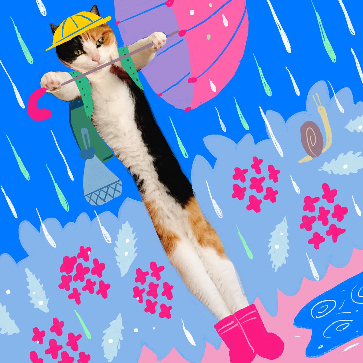 「傘をささずにかっこつける身体が長い小学生猫 」|谷口 菜津子のイラスト