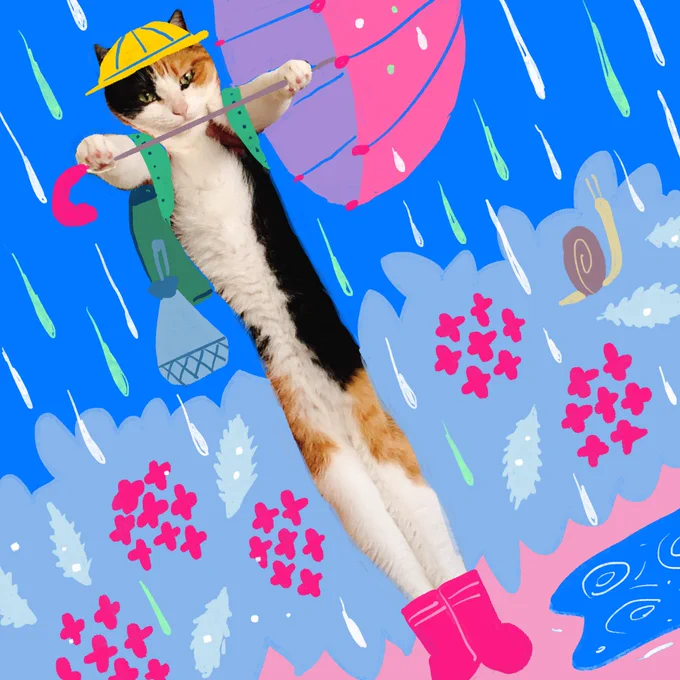 傘をささずにかっこつける身体が長い小学生猫 