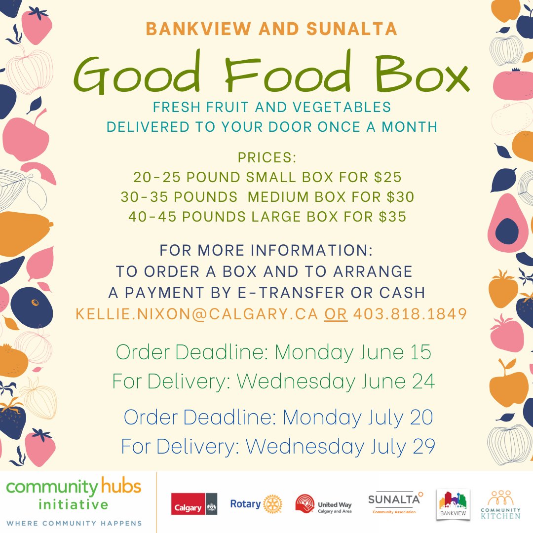 BankviewCA's tweet photo. The Good Food Box program is an easy and affordable way to get fresh fruits and veg delivered to your door!

Get your order in before June 15 and your delivery will arrive on June 24.

@ckpcalgary 
@SunaltaYYC 
#bankview
#healthyfood https://t.co/HiZkBKiFVw