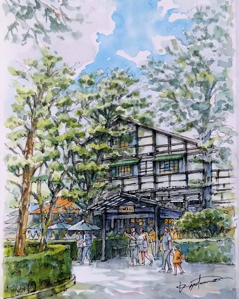 清友典一 人物水彩画 風景水彩画 ペン彩画 透明水彩画 軽井沢万平ホテル 新作 お部屋でスケッチ 去年の夏 スケッチと散歩が目的で軽井沢に日帰り旅行に行った ここは是非おさえておきたいモチーフでしたので 写真に撮って 今回描いてみました