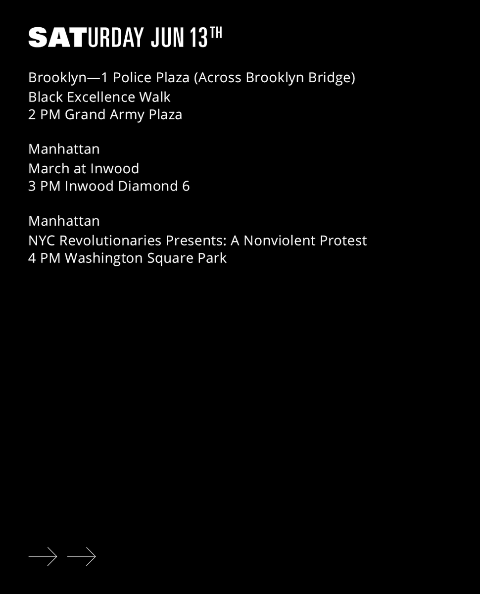 danielletorres_'s tweet photo. Here's a run down of protests going on this weekend in NYC! If anyone has info on gatherings in The Bronx, I'll update the pics!

#NYCprotests #brooklynprotests #queensprotests #bronxprotests #manhattanprotests https://t.co/zNhaojkTmv