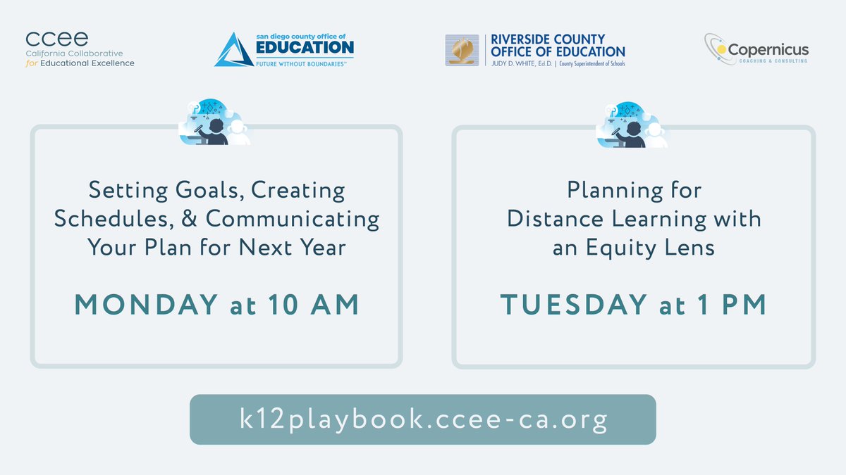 We have TWO Playbook webinars coming up next week with speakers from @SanDiegoCOE, @RCOE, @TeamCopernicus, @Placer_COE, & @KCSOS! REGISTER NOW: Monday, 6/15 (tinyurl.com/playbook615) & Tuesday, 6/16 (tinyurl.com/playbook616) #CoLPlaybooks