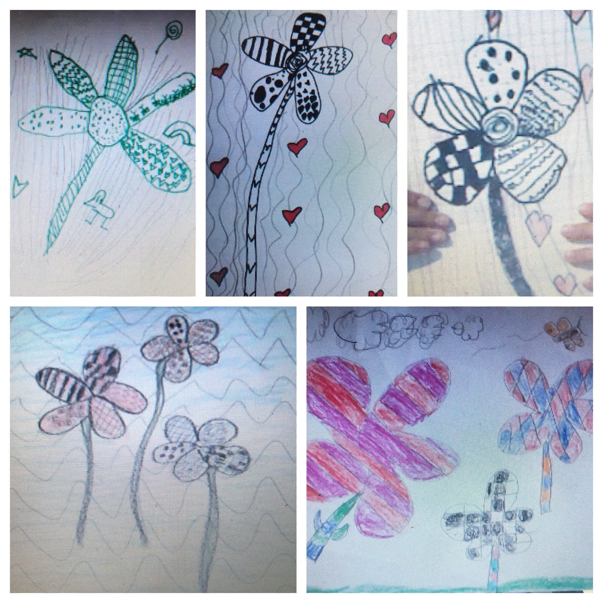 FergusMs's tweet photo. Lines, shapes, patterns oh my! Look at these incredible spring flower Zentangle drawings! π₯°π¨ππΌπΌπΈπ» #flowerpower #distanceartlearning #MVWSart https://t.co/KKKRADNX7M