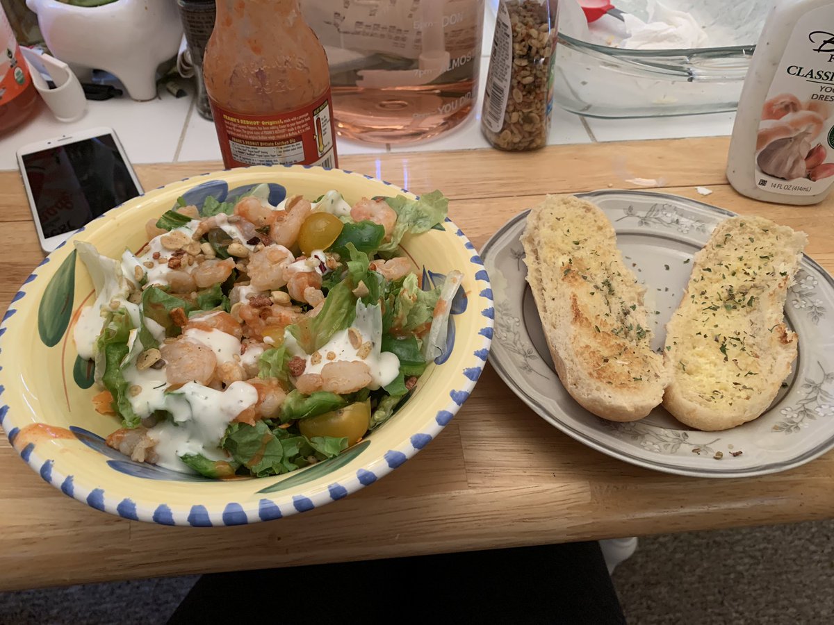 Buffalo shrimp salad and garlic bread for lunch