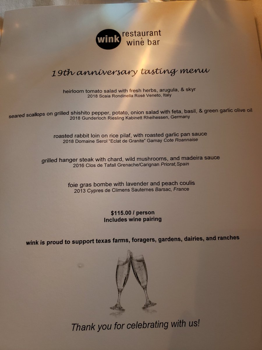 Menu tonight at my home away from home. Their anniversary, socially distant tables. But still damned tasty. Congrats <a href="/winkrestaurant/">wink restaurant</a>.