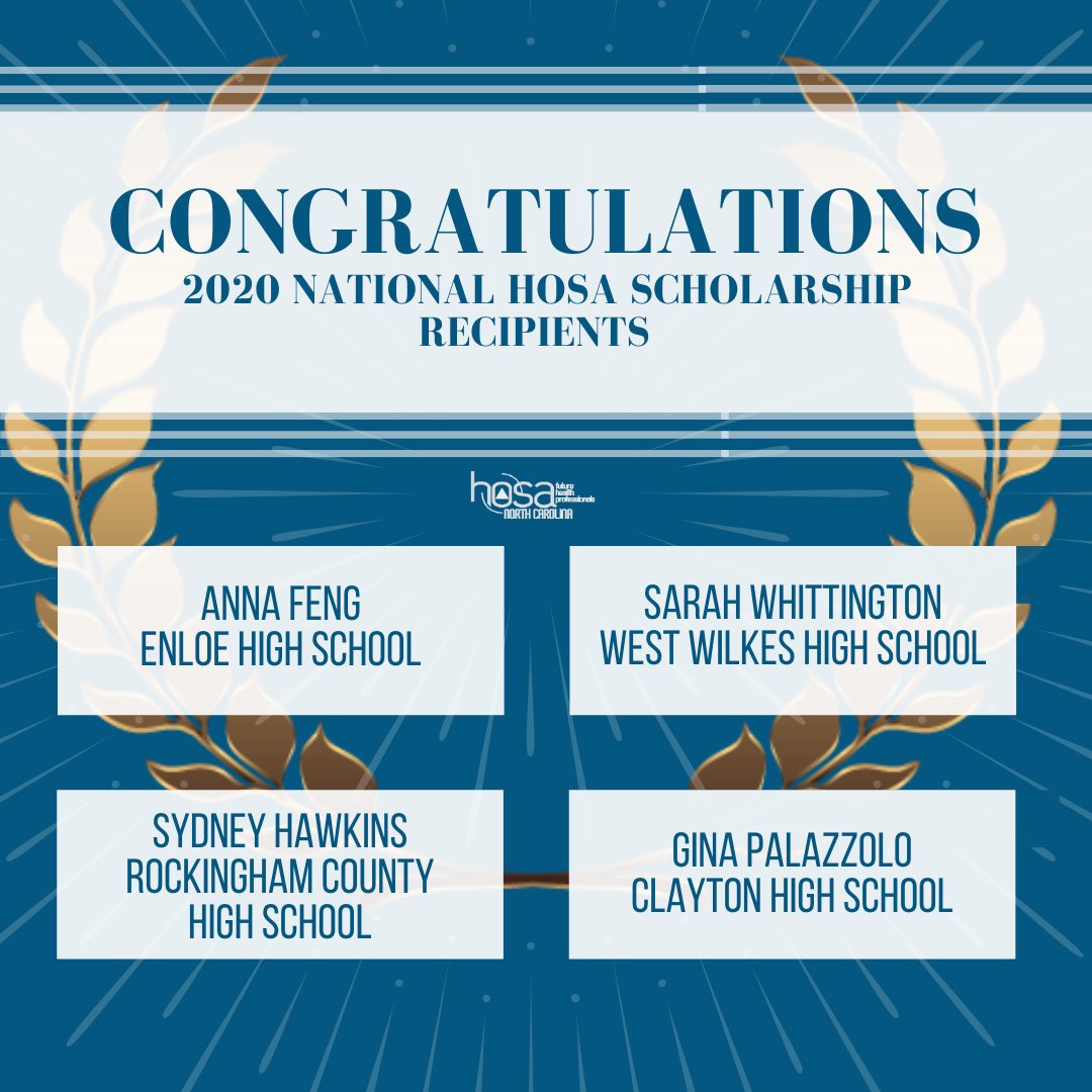 nc_hosa's tweet photo. CONGRATULATIONS to these four NC HOSA members who received the 2020 National HOSA Scholarship!

Please join us in recognizing them for their amazing HOSA accomplishments!!💫💫 https://t.co/OvQxOAOQBp