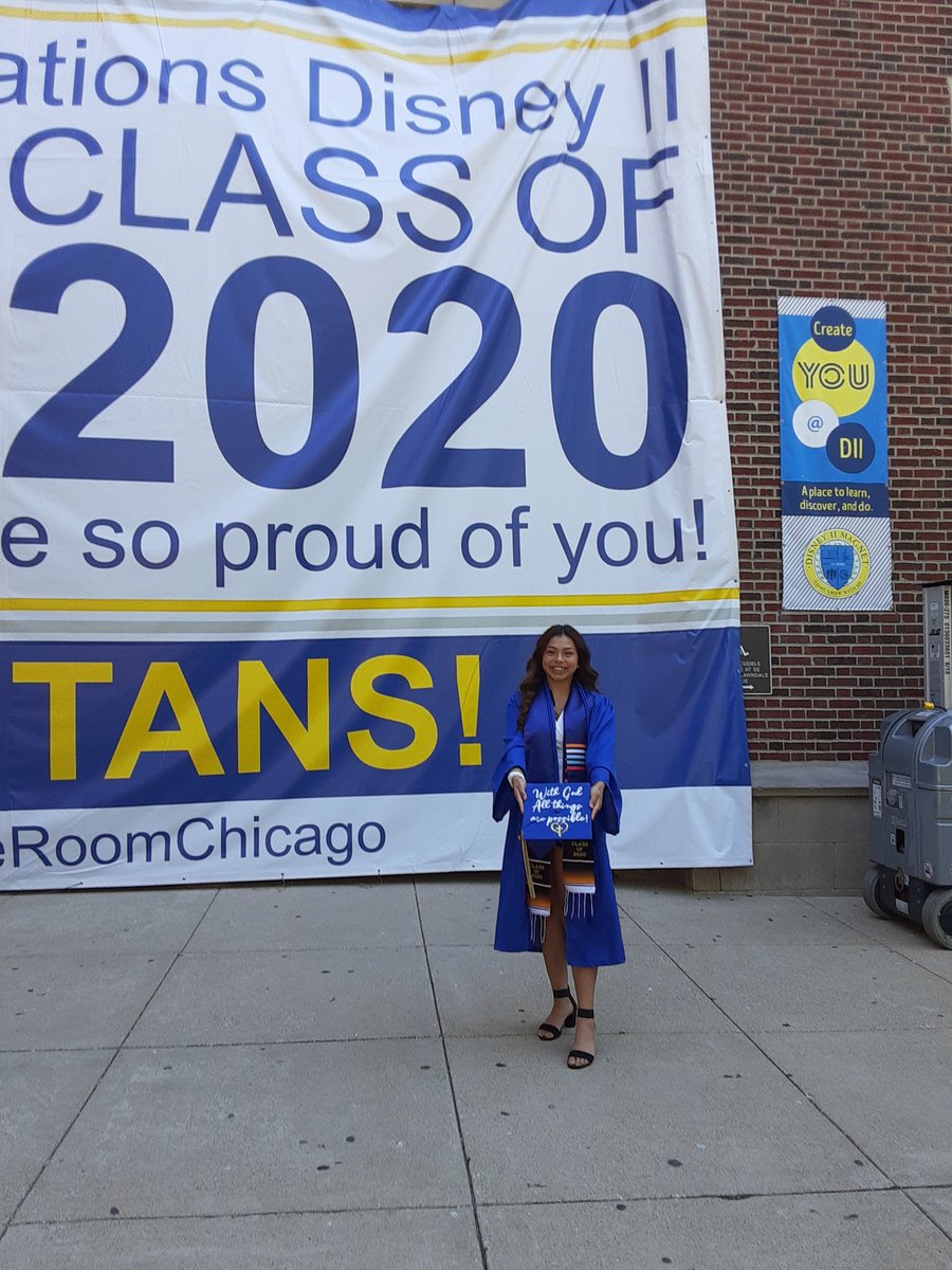 KatieSpeth's tweet photo. @DisneyIIMagnet celebrated the Class of 2020 with diploma pick up and a really big banner!!  We are so proud of our seniors. #bettermakeroomchicago #createyou @KatieSpeth @mrrutkowskiD2 @MsRz_DisneyIIAP @ChiPubSchools @LauraALeMone @network14cps @janicejackson https://t.co/W3TtPmYIlw