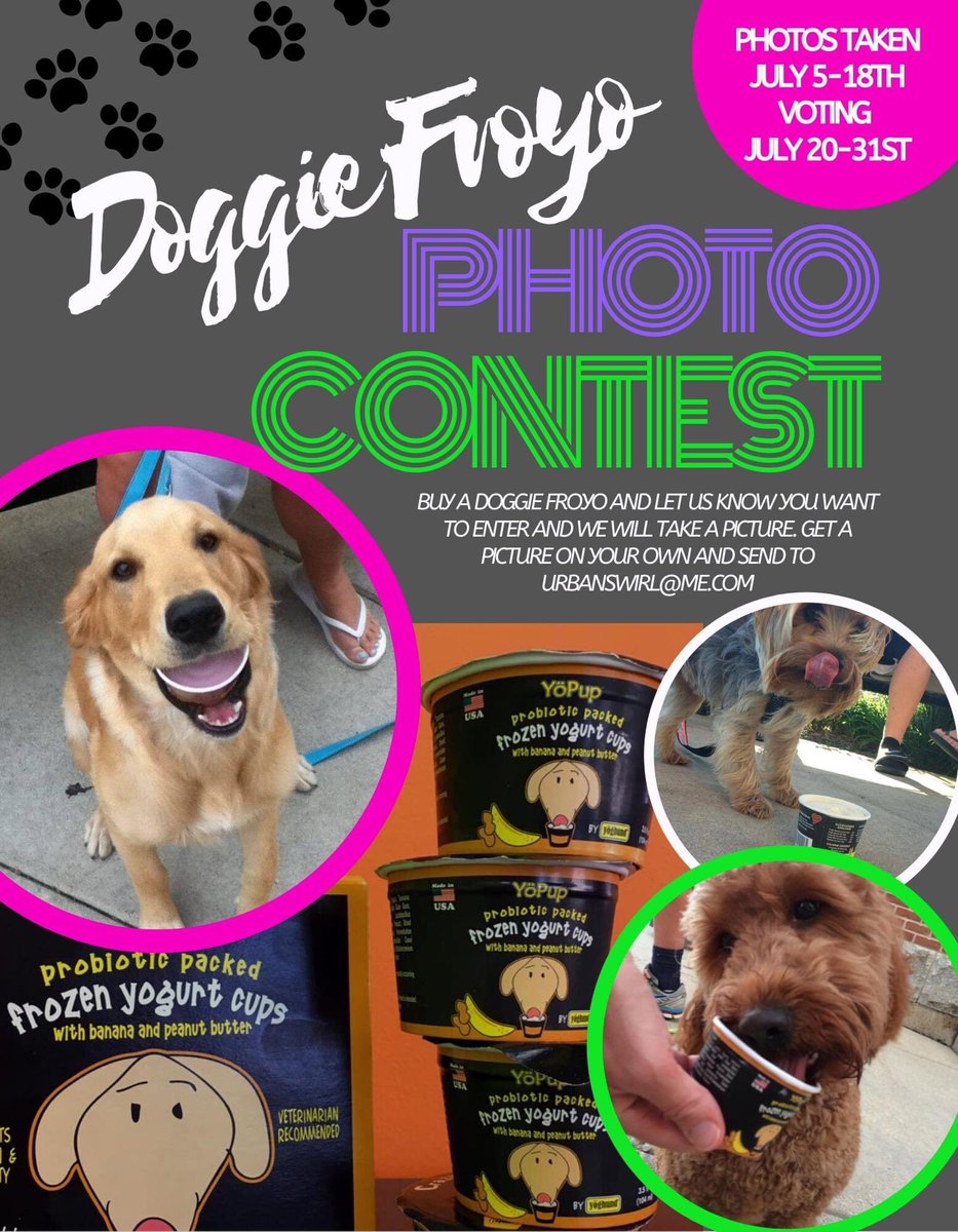 Doggie froyo photo contest is coming soon!!! Get ready for some fun! Let your pups hang out on the patio and enjoy some froyo. Starts July 5th - Enter our photo contest! Purchase a pup cup and have your dogs picture taken to be entered! #doggiefroyo #froyo #pupcup #doggiefroyo