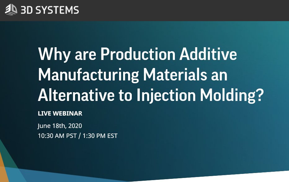 3dReplicant's tweet photo. El 18 de junio a las 10:30 AM PST se transmitirá el webinar sobre materiales de manufactura aditiva como alternativas a la inyección en molde.

Why are Production Additive Manufacturing Materials an Alternative to Injection Molding? will take place June 18, 10:30 AM. Register @🔽 https://t.co/7gk9qiQU6j