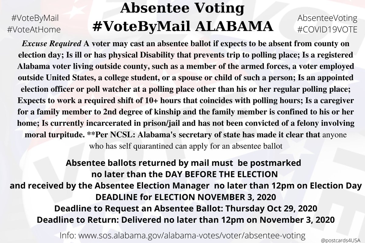 ALABAMA  #AL  #VoteByMail Application:  https://www.sos.alabama.gov/sites/default/files/Regular%20Absentee%20App%20Fillable.pdfCounty Absentee Election Manager Addresses https://www.sos.alabama.gov/city-county-lookup/absentee-election-managerInfo:  https://www.sos.alabama.gov/alabama-votes/voter/absentee-votingEmergency Absentee Ballot  https://www.sos.alabama.gov/sites/default/files/Emergency%20Absentee%20App%20Fillable.pdf #AbsenteeVoting #DemCastAL THREAD  #PostcardsforAmerica