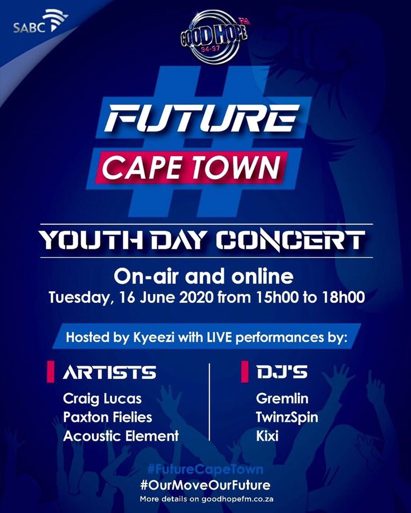 #FutureCapeTown #ourmoveourfuture 
Youth Day Concert hosted by your boy <a href="/kyeezi/">Kyeezi</a> goes live on-air and online this coming Tuesday 16th June at 3PM !
For more info goodhopefm.co.za 

Brought too you by <a href="/GoodHopeFM/">Good Hope FM</a> 🙌