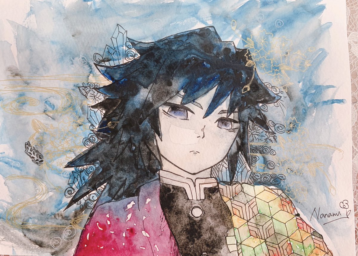 Nanami 水の呼吸 梅雨 の季節なので 今日は冨岡義勇さんです 10分くらいで描きました W 水彩 水彩画 ゼンタングル 絵描きさんと繋がりたい 冨岡義勇 富岡義勇イラスト 水の呼吸 ボールペン 絵の具 T Co Nux8jcleqb