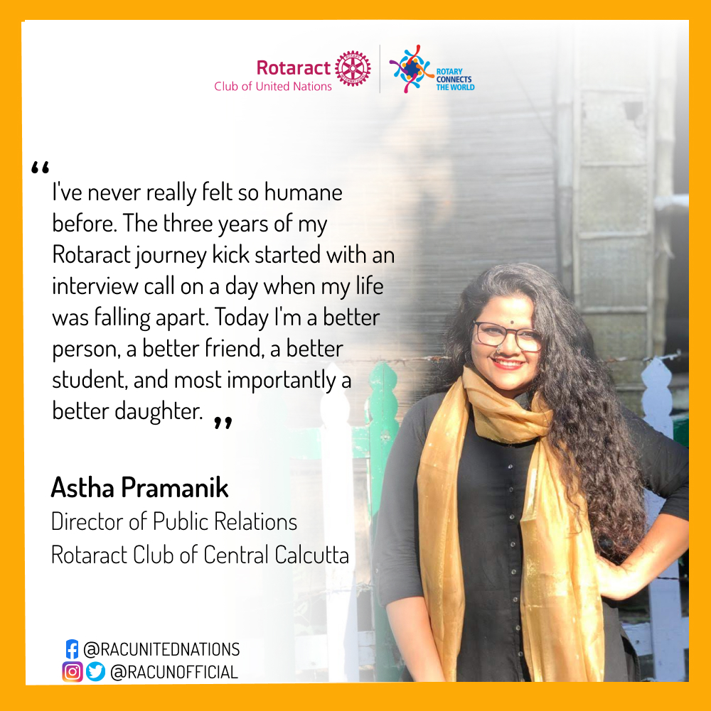 racunofficial's tweet photo. "Thank you Rotaract Club of Central Calcutta and and thanks to this movement at large."

Astha Pramanik 
Director of Public Relations 
Rotaract Club of Central Calcutta 

#SharedStories
#UnitedLives https://t.co/TIBMBndlmF