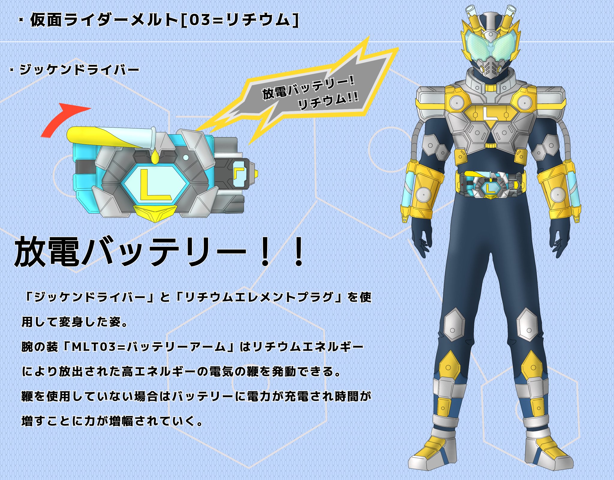 からふるいろ Twitterissa 仮面ライダーメルト ハイドロジェン ロケットアーム リチウム 電池 ベリリウム 射撃管制装置 ホウ素 耐火 消防士 ヘリウムは別枠 的なイメージで描いてます オリジナル仮面ライダー オリジナルライダー ライダー計画if