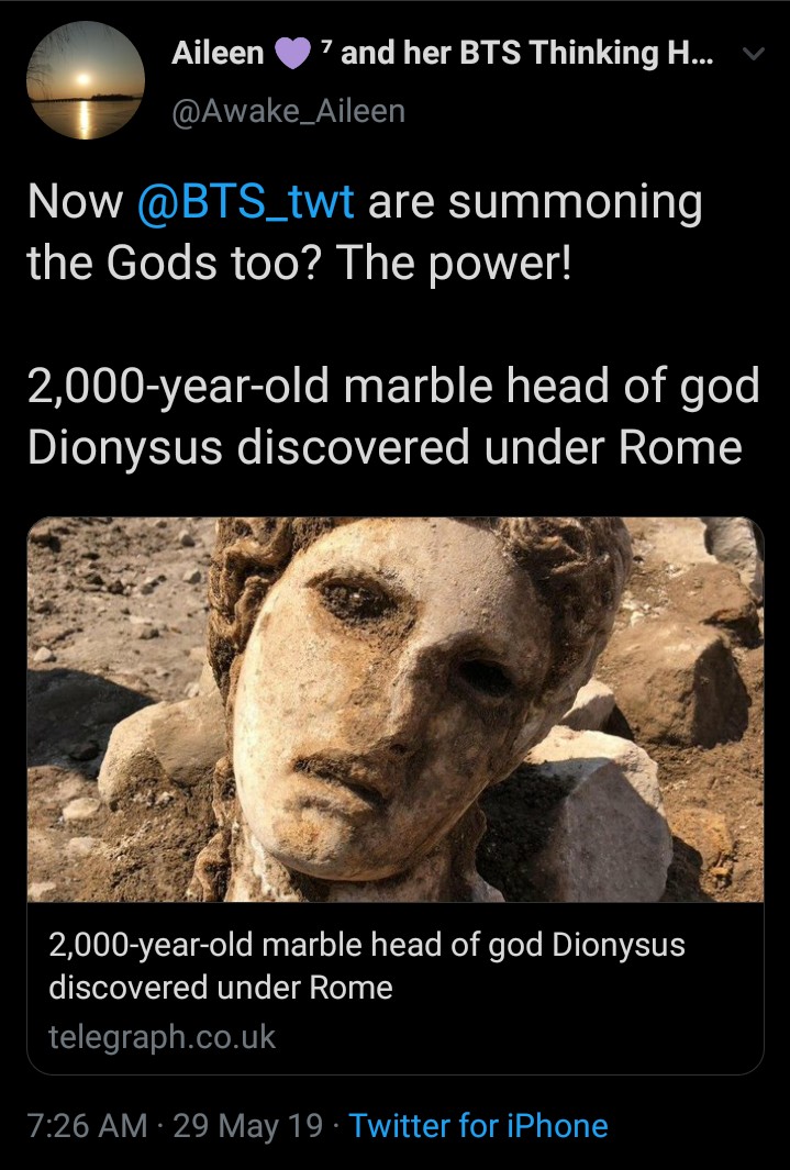 archaeologists in rome stumbled upon a 2,000-year-old marble head of god dionysus just right after bts released persona