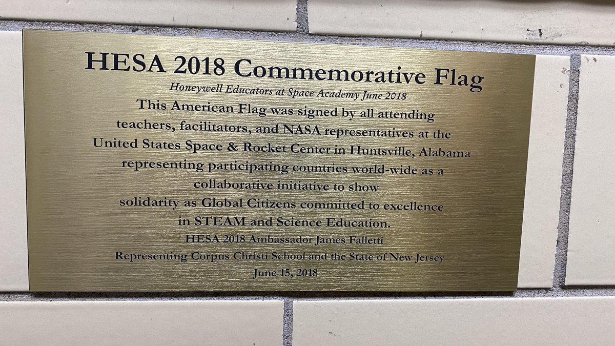 JamesFalletti's tweet photo. I was walking through the hallway today at my school and I stopped and stared at this flag - making me think about all my HESA friends and extended space family ๐ @RocketCenterUSA @SpaceCampEdu @NASASTEM @SpaceFoundation #HESA #HESA2017 #HESA2018 @NatGeoEducation @EcoSchoolsUSA https://t.co/pQSrfGDKVd