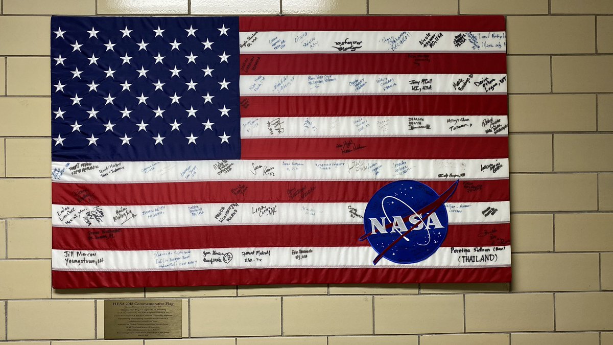 JamesFalletti's tweet photo. I was walking through the hallway today at my school and I stopped and stared at this flag - making me think about all my HESA friends and extended space family ๐ @RocketCenterUSA @SpaceCampEdu @NASASTEM @SpaceFoundation #HESA #HESA2017 #HESA2018 @NatGeoEducation @EcoSchoolsUSA https://t.co/pQSrfGDKVd