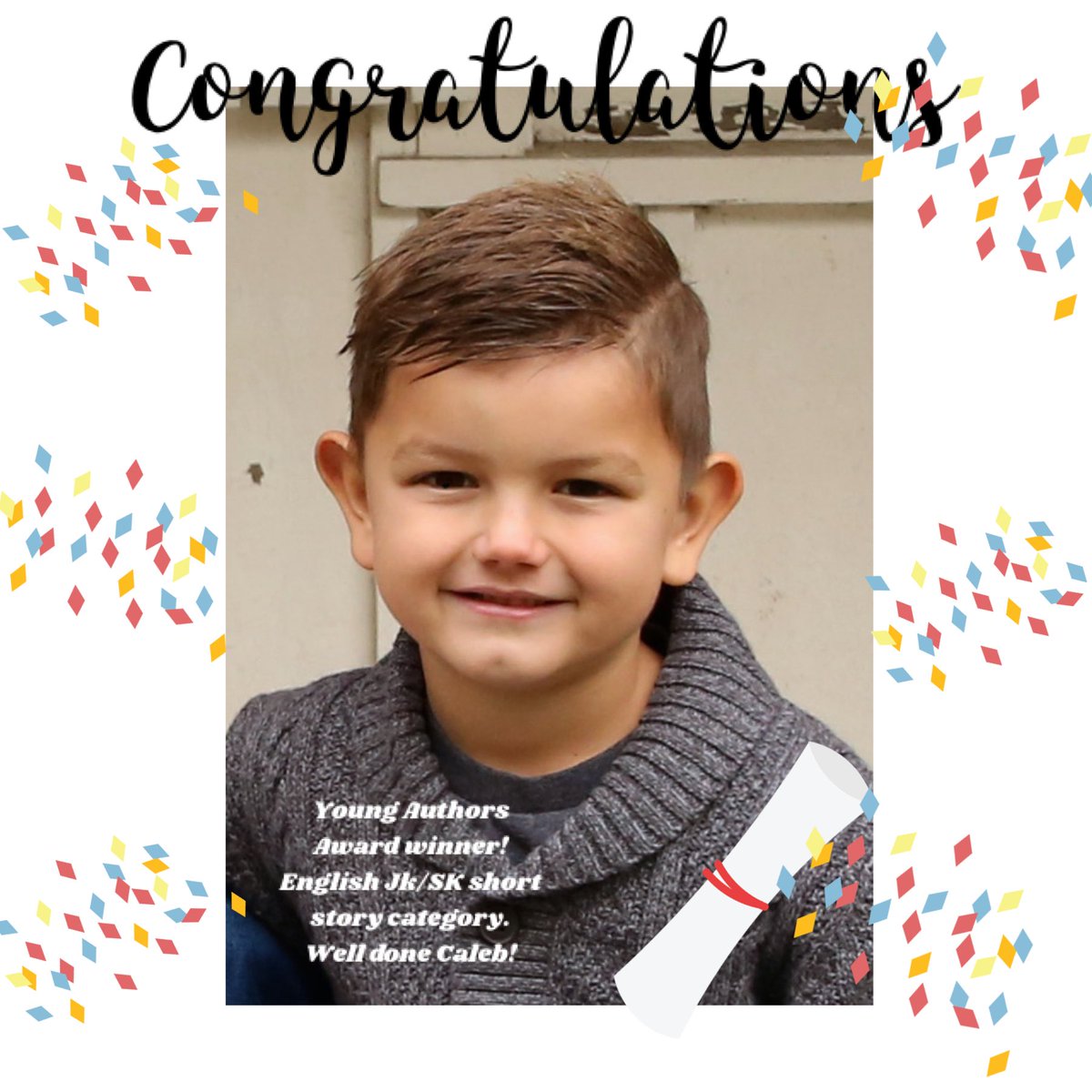 102Kindie's tweet photo. Congratulations to Caleb for winning the Young Authors Award 🥇 for the English Jk/SK short story category. Well done Caleb! Your hard work and determination is proof that when you believe in your self you can accomplish anything. ❤️Mrs Costa and Ms. Oliveira https://t.co/n2DPA6UfMc