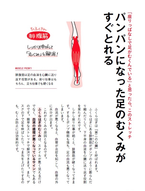 中村明博 編集者 足がパンパンでつらい なら ふくらはぎを伸ばす むくみは ふくらはぎの筋肉が硬くなり 足の血流が悪化することで起こります 体を動かさず じっとしていると 症状はどんどんひどくなります 画像のストレッチを昼過ぎ 夕方に 中村明博 編集者 足がパンパンでつらい なら ふくらはぎを伸ばす むくみは ふくらはぎの筋肉が硬くなり 足の血流が悪化することで起こります 体を動かさず じっとしていると 症状はどんどんひどくなります 画像のストレッチを昼過ぎ 夕方に