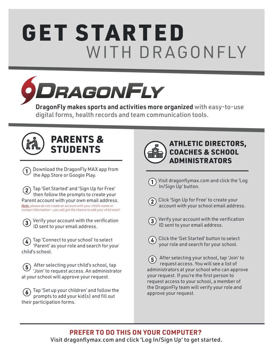 Richland Athletics Info
Before you can participate:
Sign Up or Update DragonFly. All forms must be complete to practice! See flyer for sign up instructions.
DragonFly School Code: SGAJHG
Get a physical. If you had a physical last year dated from April 2019 it is good this year.