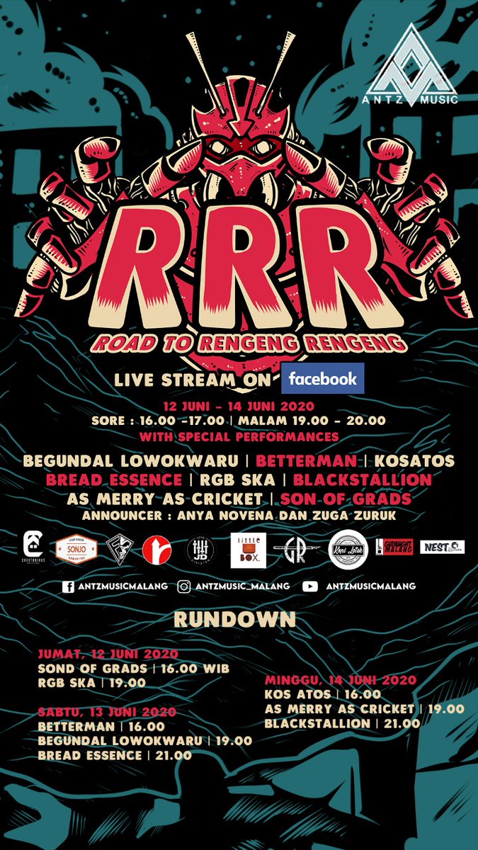 RRR ANTZ TOP CHART

Kali ini Bakal ada virtual concert, live streaming di facebook dan youtube Antz music Malang

Season pertama akan diputarkan setiap 
Sore jam 16.00 - 17.00 WIB
Malam jam 19.00 - 20.00 WIB
Bakal ada siapa aja yang bakal tampil
tanggal 12 sampai 14 Juni 2020