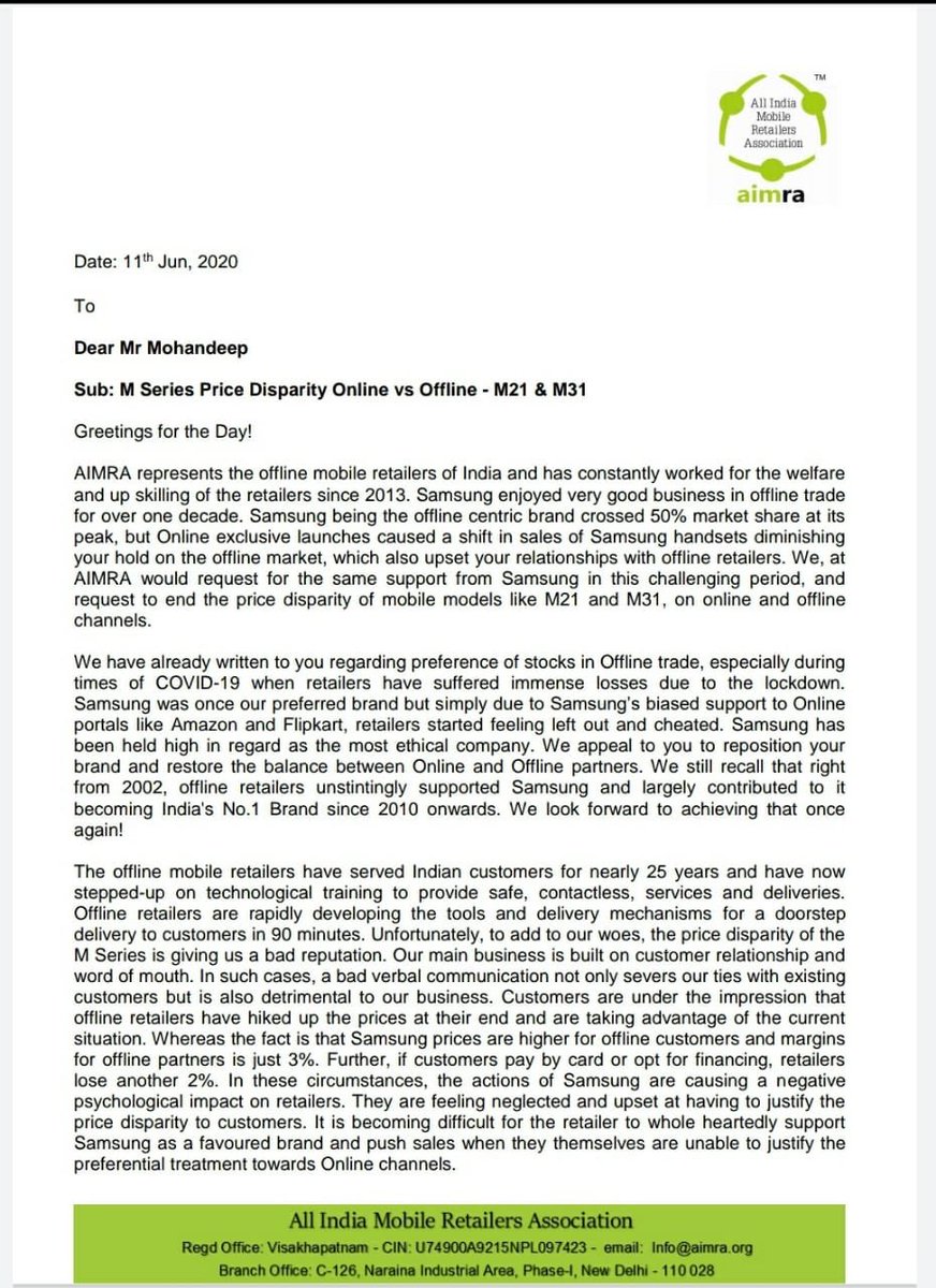 AimraIndia's tweet photo. @SamsungIndia @SamsungMobiles M21 &amp; M31 Price disparity between Online vs Offline is against offline retail customers. Samsung should ensure equal pricing on both channels. Samsung is an ethical company and price disparity is completely unethical. Stop harming offline customers! https://t.co/RKXksASZLz