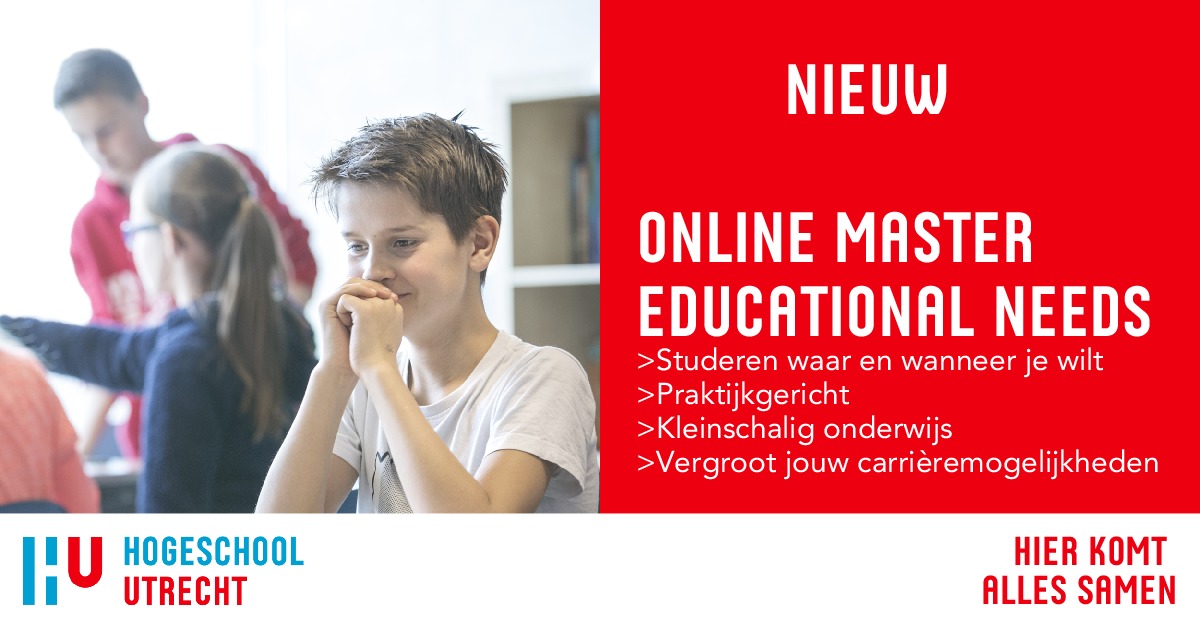 Ben jij leerkracht in het PO, VO of mbo en wil jij uitgroeien tot een excellente professional die leerlingen/studenten met complexe problemen adequaat begeleidt? Start dan in september de nieuwe Online Master Educational Needs.
Voor meer info, kijk op 
hu.nl/deeltijd-oplei…